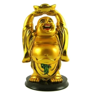Metal Gold Plated With Wooden Base Feng Shui Laughing Buddha, 4.5 Inch, Golden1 StoreEla.com