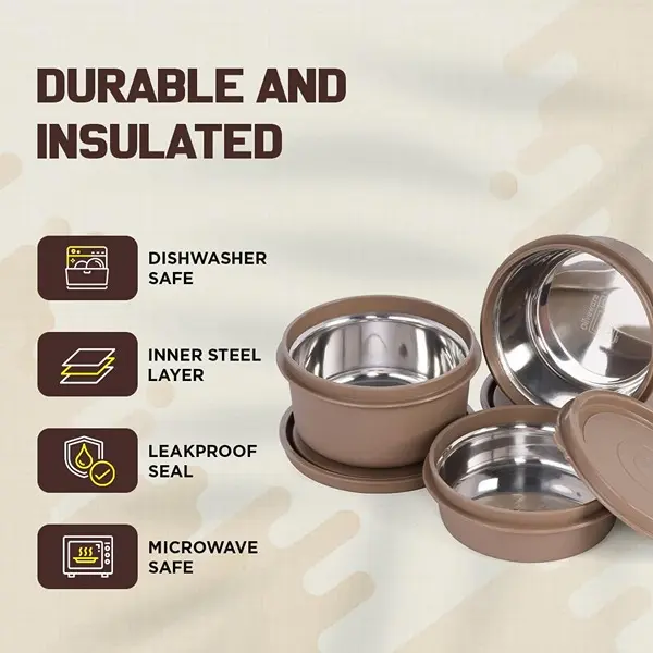 Oliveware Falcon Lunch Box Set of 3 Microwave Safe Containers Stainless Steel lunch Tiffin (Lite Brown) 5