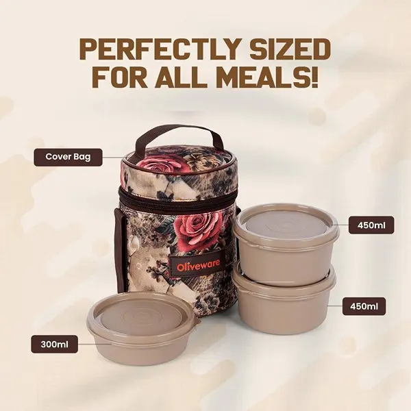 Oliveware Falcon Lunch Box Set of 3 Microwave Safe Containers Stainless Steel lunch Tiffin (Lite Brown) 6