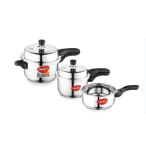 Pigeon Stainless Steel Sandwich Induction Bottom Outer Lid Pressure Cooker Combo (Silver, 2L, 3L and 5L) Pack of 3 Pcs1