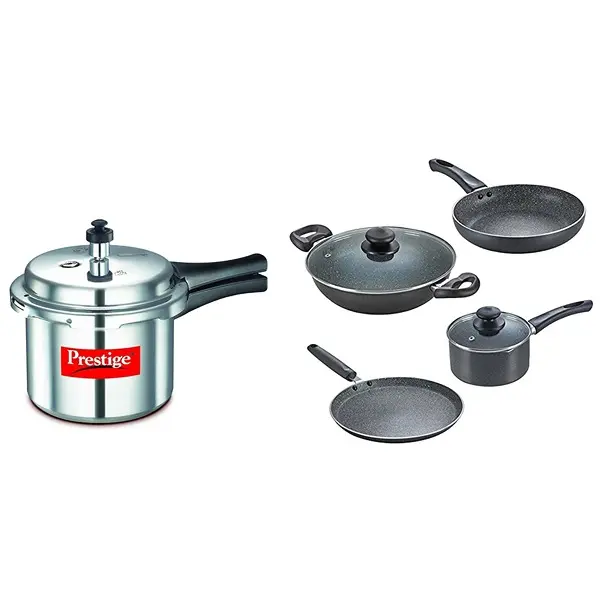 Prestige Popular Aluminium Pressure Cooker, 3 Litres, Silver & Omega Granite Aluminium Kitchen Set, 4-Pieces, Black 1