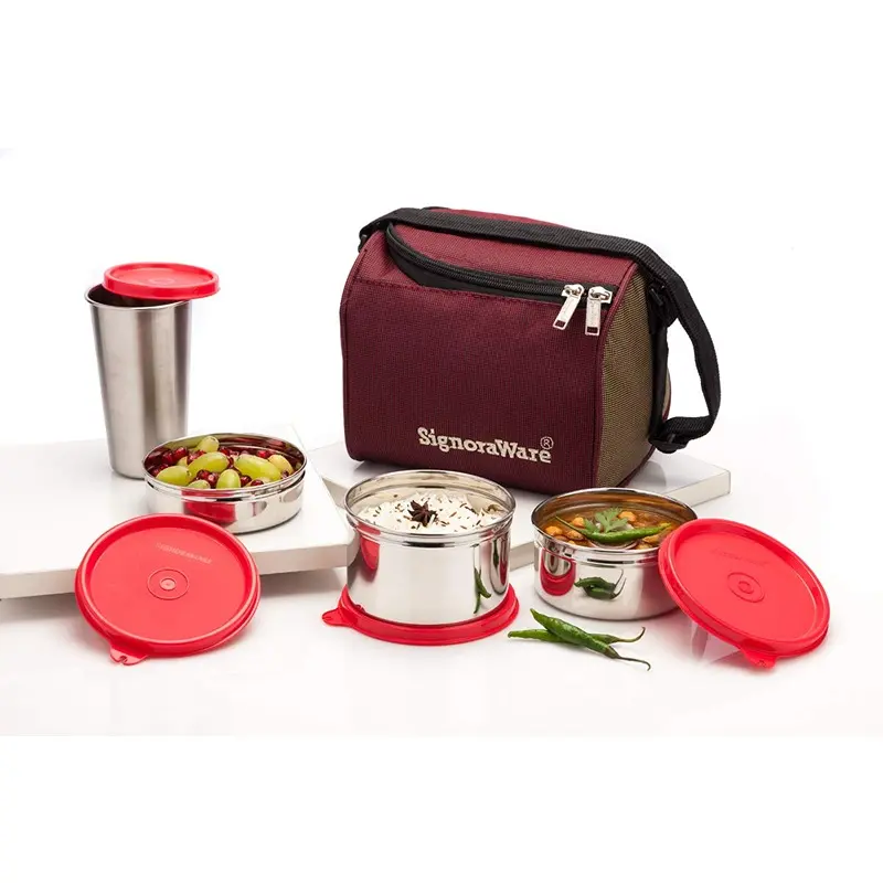 Signoraware Best Stainless Steel Innovative Lunch Box with Bag, Set of 4, Red1