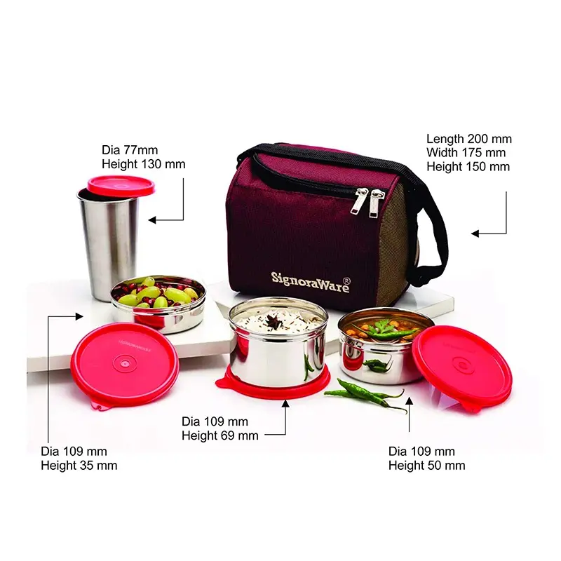 Signoraware Best Stainless Steel Innovative Lunch Box with Bag, Set of 4, Red2