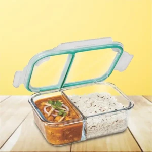 SignoraWare Slim Microwave Safe Office Two Compartment Lunch Box Set Borosilicate Glass Safety Lock Airtight